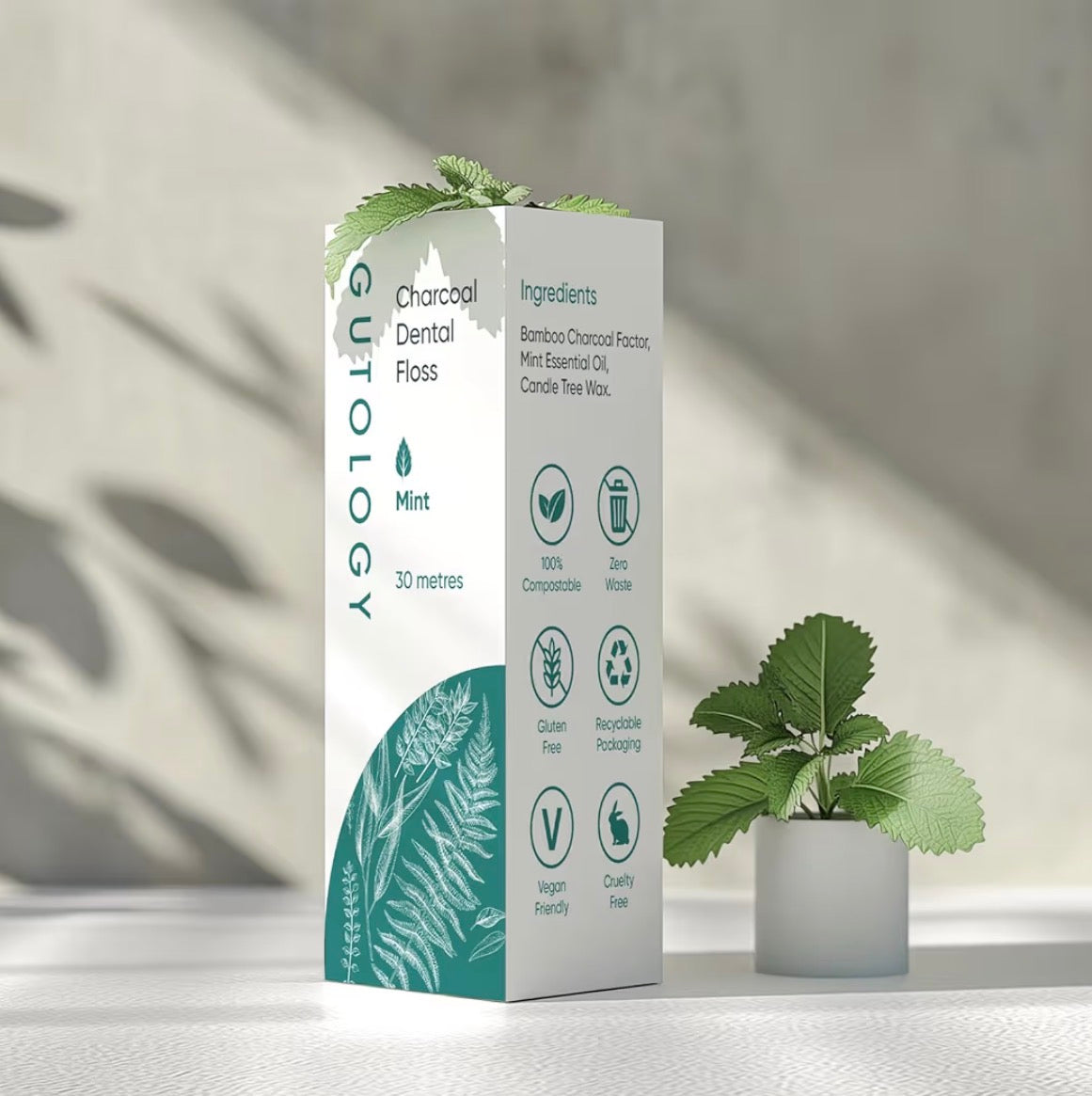 Gutology Charcoal Bamboo Dental Floss 30m Plant Based Mint Oil