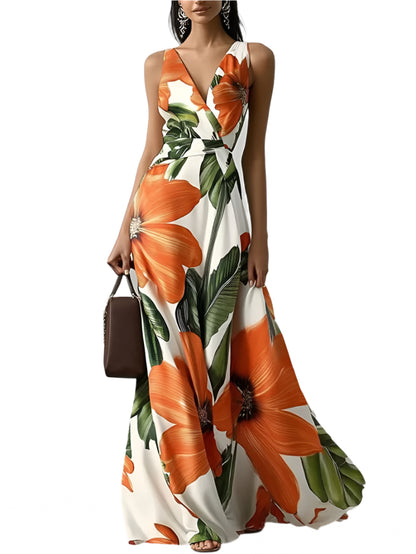 Freeacy Summer Women'S Long Dress Floral Printed V-Neck Sleeveless Evening Dresses High Waist Pleated A-Line Party Gowns