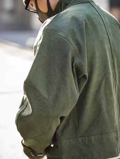 Swedish motorcycle jacket, men's retro military green casual cropped jacket, 100% cotton canvas workwear asymmetric safari style