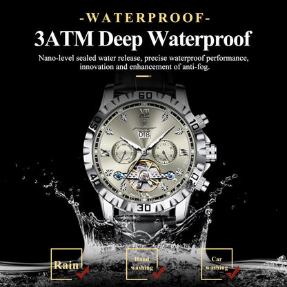 Fashion Men Wristwatch Luxury Hollow Tourbillon Luminous Date Week Man Clock Automatic Mechanical Leather Men'S Watches