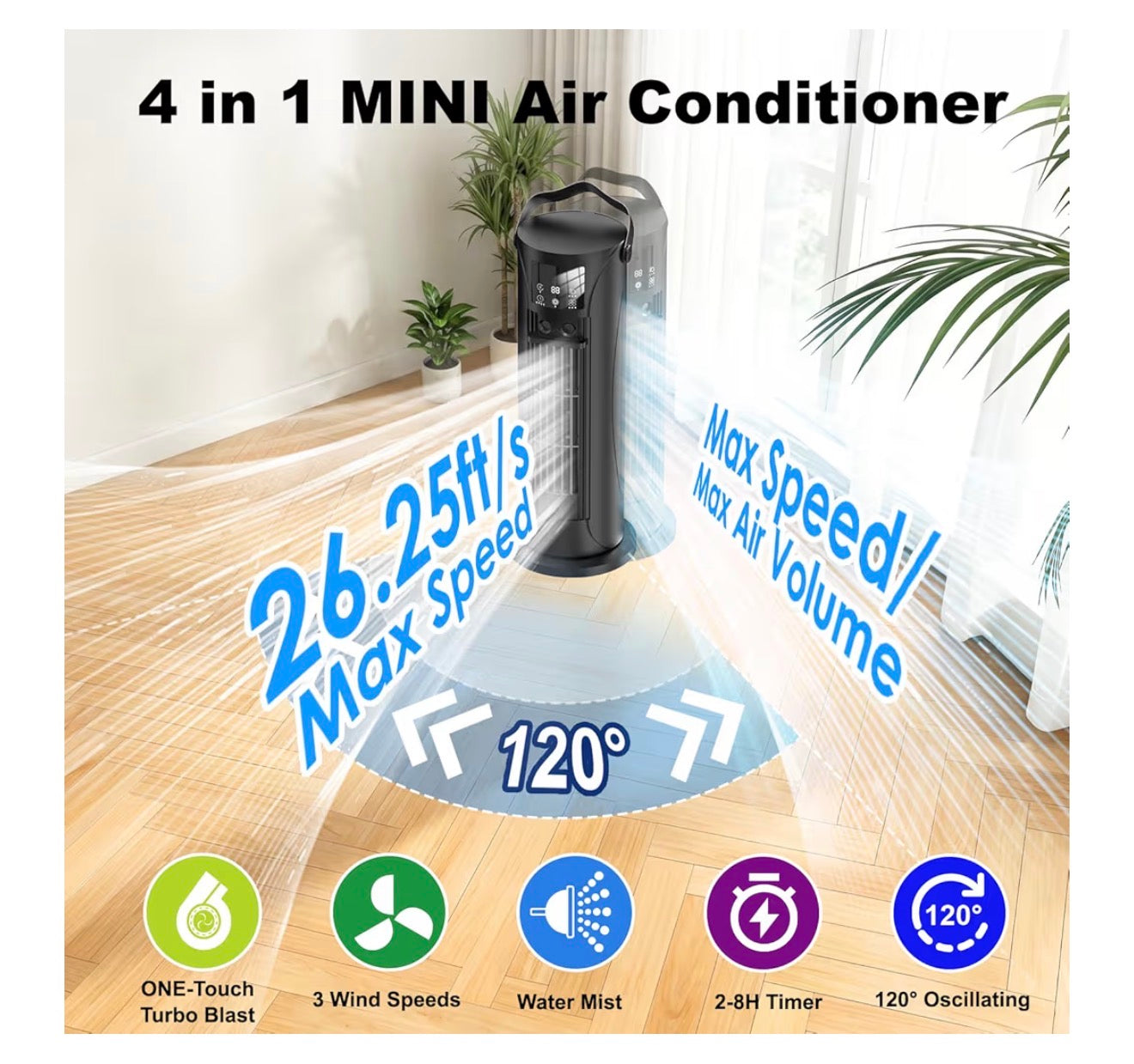 Portable Air Conditioner, 28dB Air Cooler, 26ft/s Velocity Mini Air Conditioning Unit with 2-8H Timer, 120° Oscillation, 1-Touch Turbo Mode Cool Mist, Low Energy Small Air Conditioner for Home(Black)
