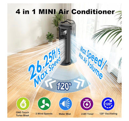 Portable Air Conditioner, 28dB Air Cooler, 26ft/s Velocity Mini Air Conditioning Unit with 2-8H Timer, 120° Oscillation, 1-Touch Turbo Mode Cool Mist, Low Energy Small Air Conditioner for Home(Black)