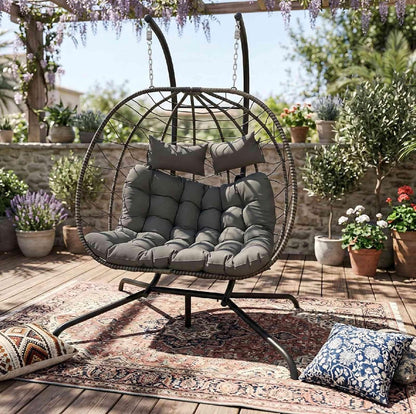 BIRCHTREE Double Hanging Egg Chair with Stand PE Rattan Garden Swing Grey
