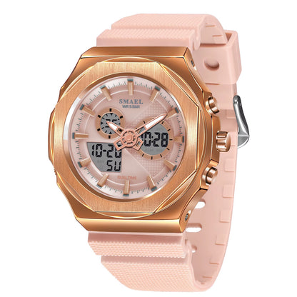 SMAEL Women's 50M Waterproof Sport Watch - Pink Dual Time Display Digital LED Backlight Gift for Her 8102