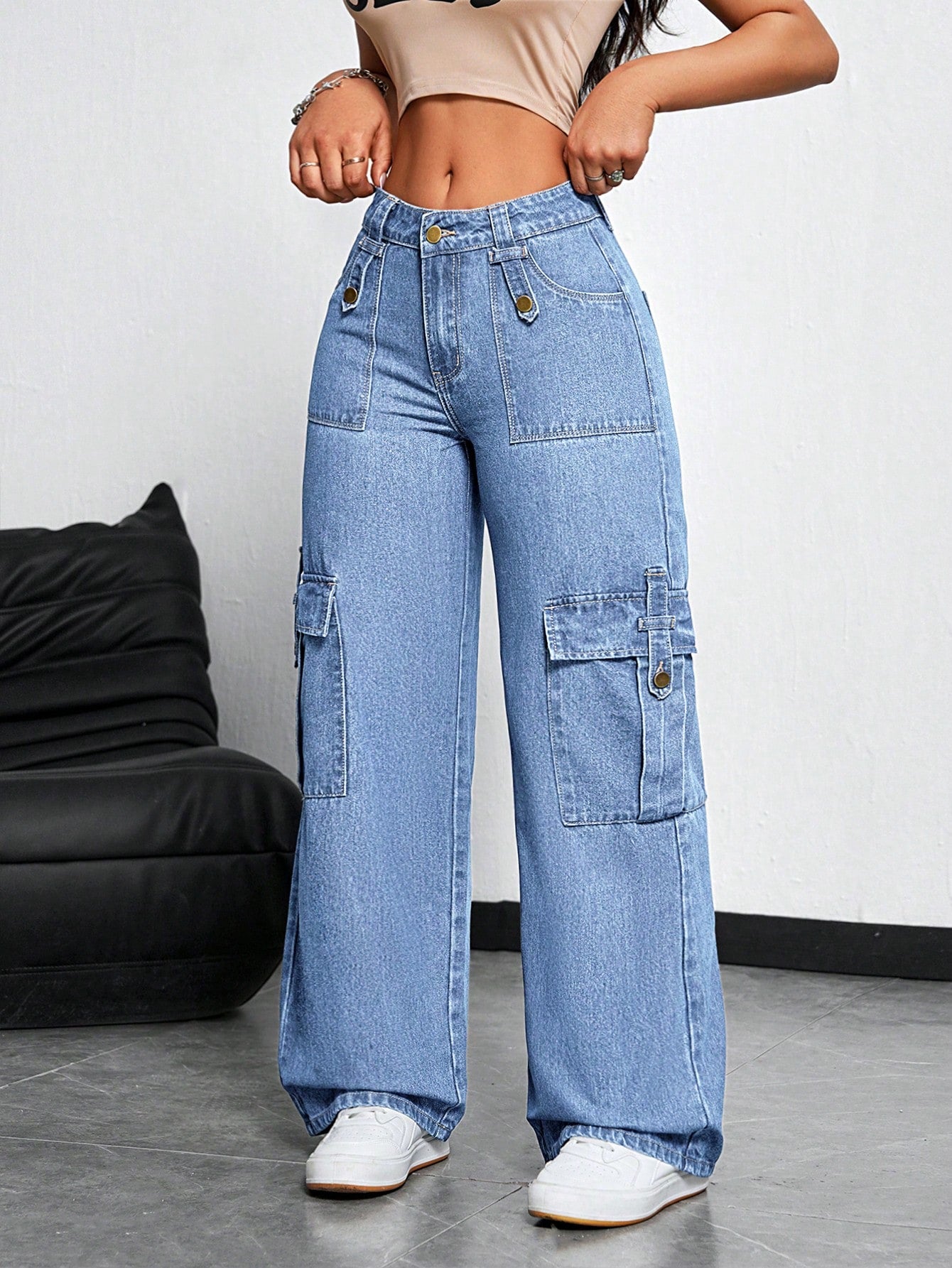 ICON Women'S Front Button Simple Multi-Pocket Casual Wide Leg Jeans, Daily Wear