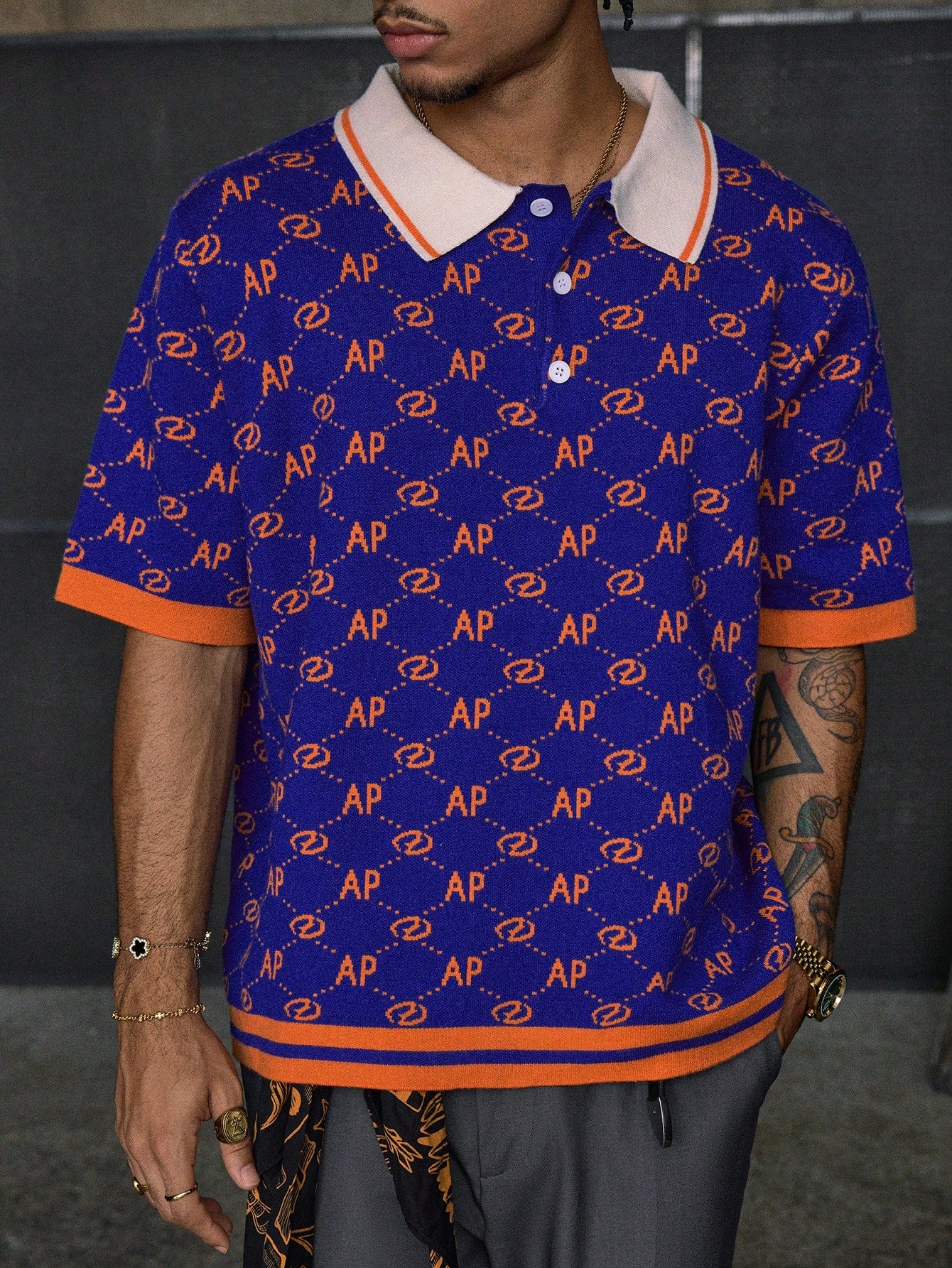 AXEPEAK Men'S Full Print Contrast Color Casual Short Sleeve Knitted Top