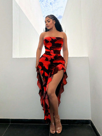 SXY Summer Butterfly Print Flared High-Low Bandeau Bodycon Dress