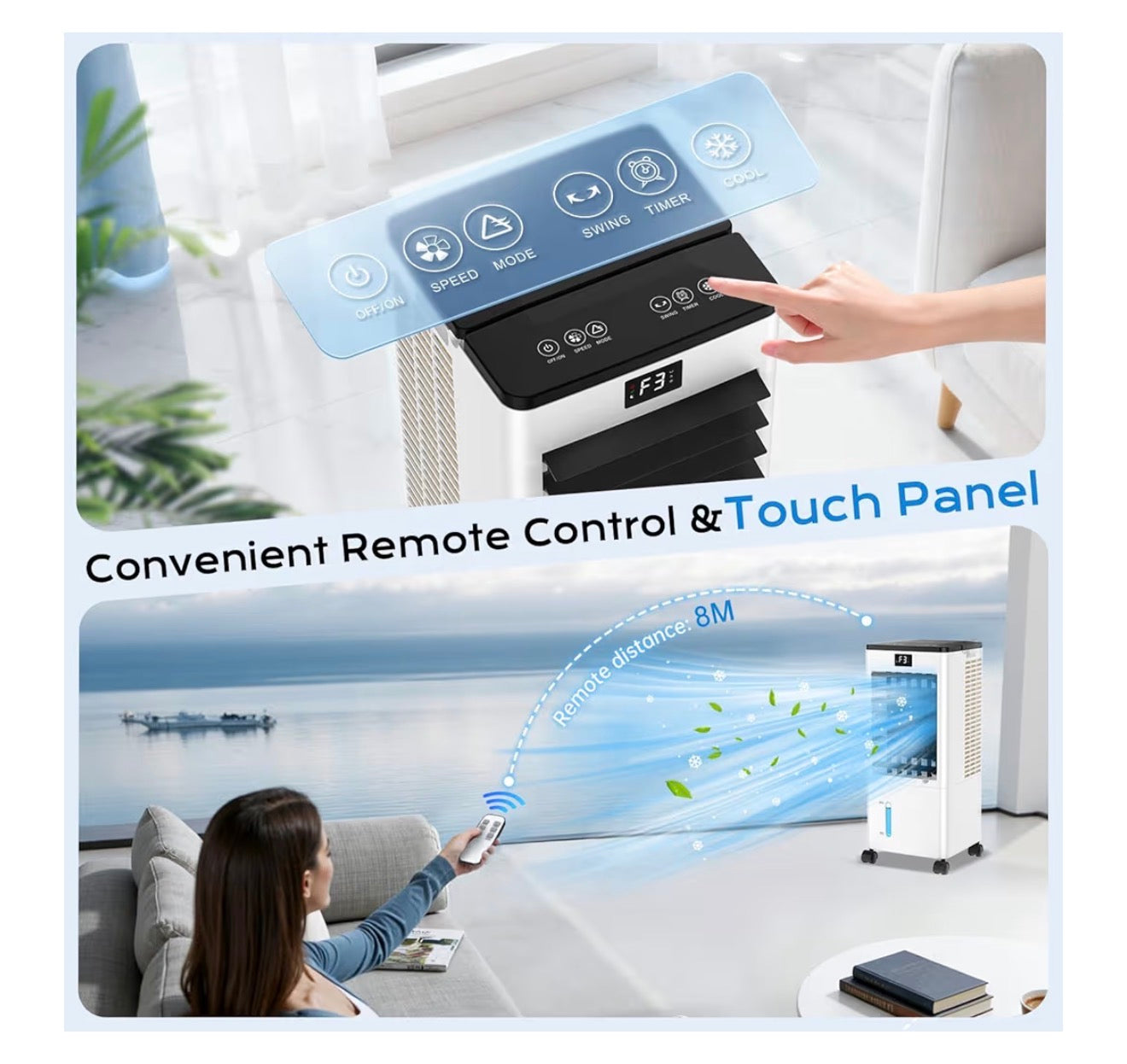 Mobile Air Conditioners, 60W Evaporative Air Cooler, LED Display 10M/S 3 Modes 8L Tank 12H Timer 60°/120° Oscillation Low Noise, Touch/Remote Control 4 Ice Box Air Conditioner Unit for Home Bedroom