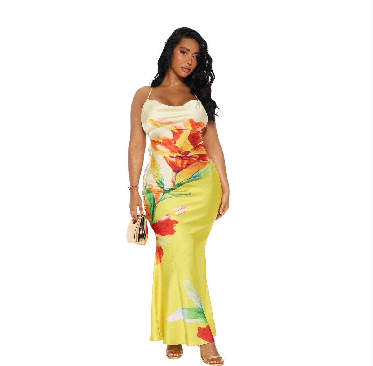 Amora Floral Satin Maxi Dress Yellow Combo