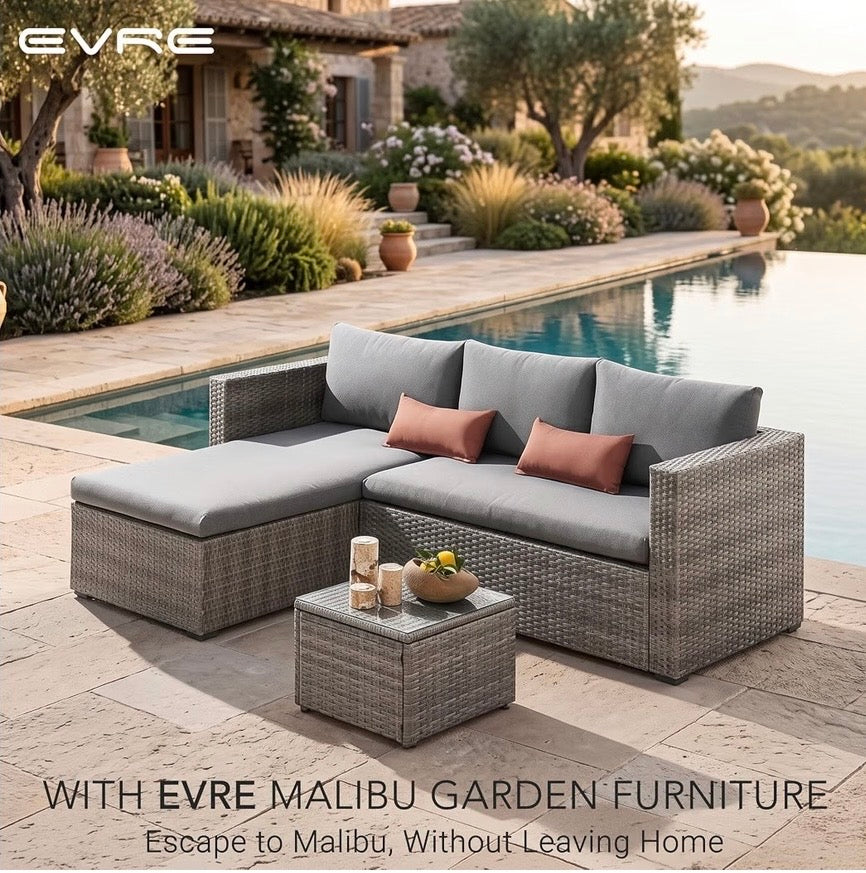 EVRE Malibu Rattan Garden Furniture Set with 3 Seater Sofa & Coffee Table