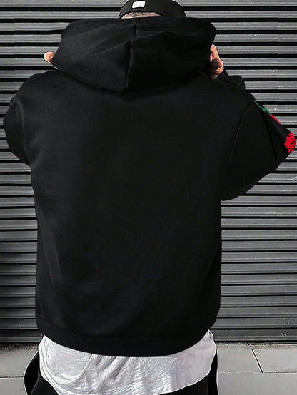 Manfinity Homme Men'S Floral Print Drawstring Hoodie Going Out Street Wear Black Graphic Long Sleeve Hoodie, for Friends, Husband, Boyfriend Gifts