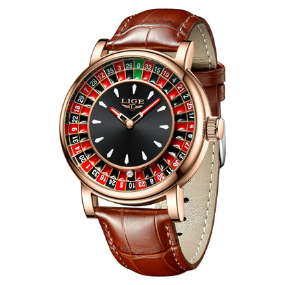 Quartz Man Watch Fashion Luxury Creative Roulette Game Dial Design Leather Casual Life Waterproof Watches for Men Gifts+Box