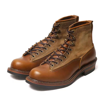 Men's Retro Work Boots High Top Lace-Up Ankle Boots, British Style Canvas Casual Shoes, Vintage Chunky Sole Footwear