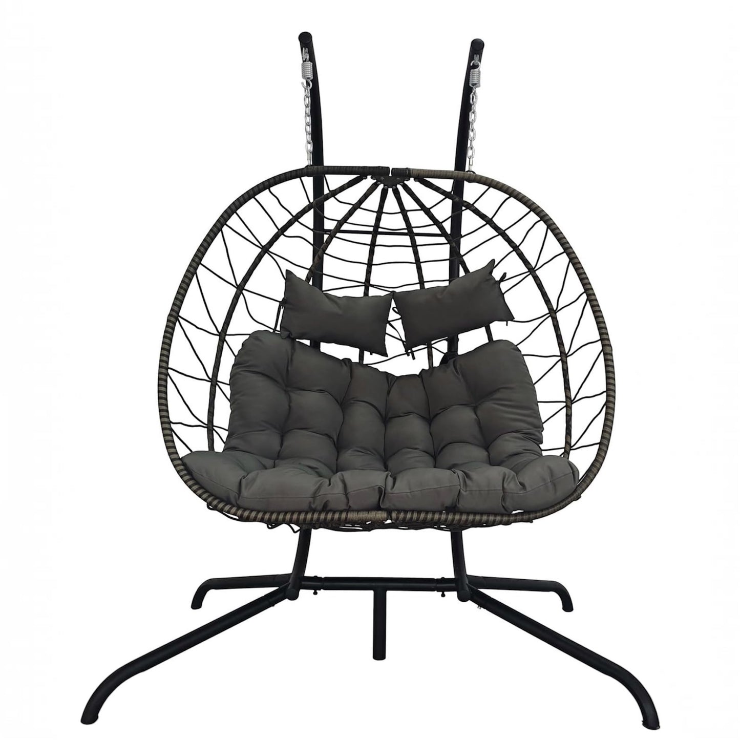 BIRCHTREE Double Hanging Egg Chair with Stand PE Rattan Garden Swing Grey