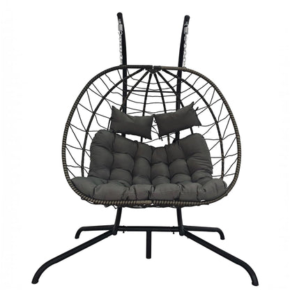 BIRCHTREE Double Hanging Egg Chair with Stand PE Rattan Garden Swing Grey