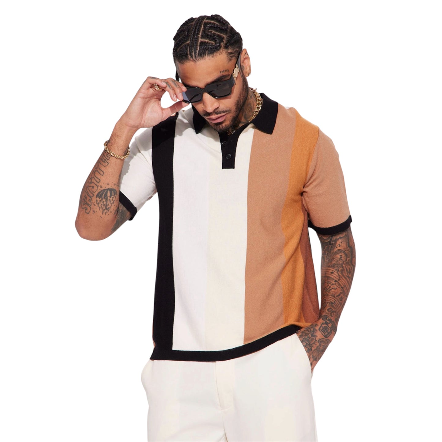 Levels Striped Short Sleeve Knit Polo Brown Combo