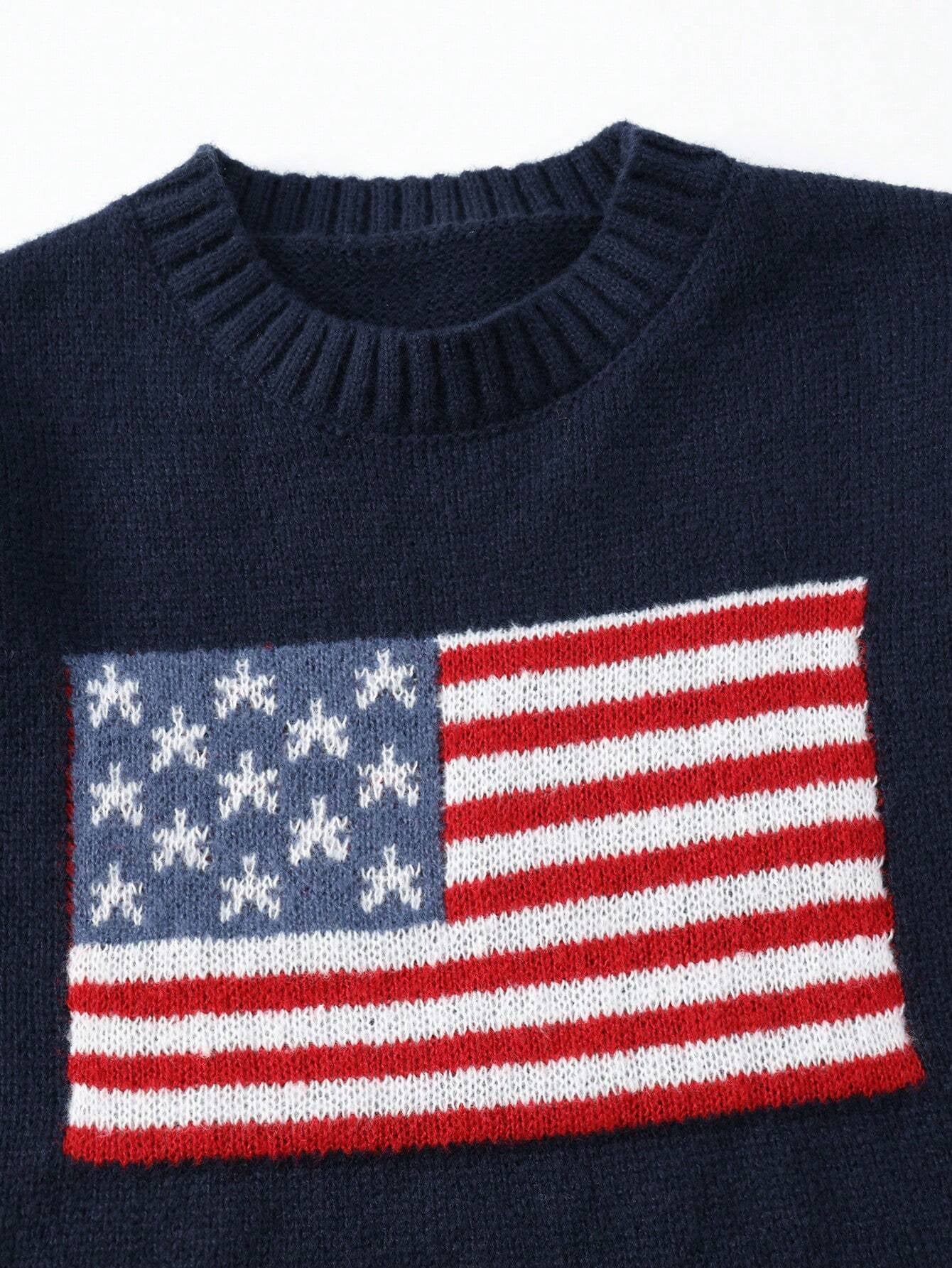 Girls' American Flag Pattern Knit Sweater - Tween Crew Neck Long Sleeve Pullover Top