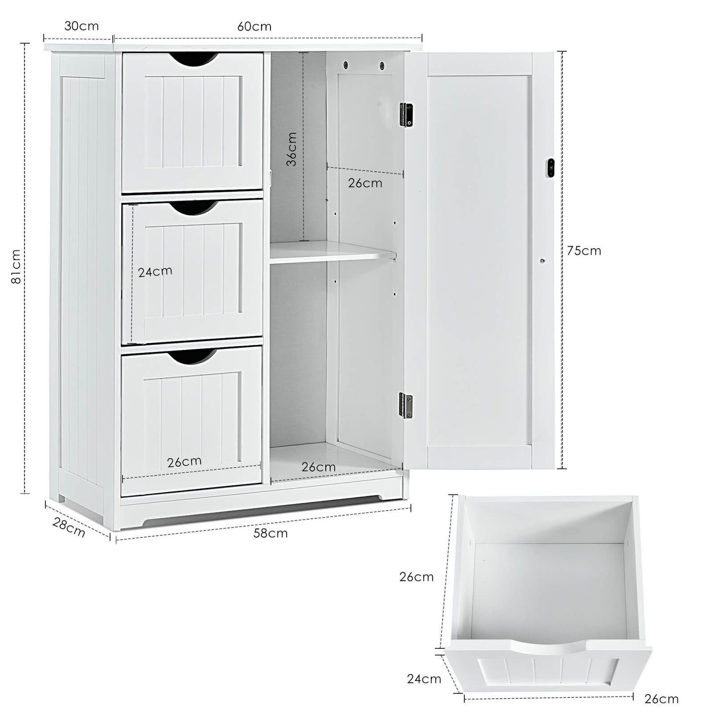 Freestanding Bathroom Cabinet with One Door and Three Drawers