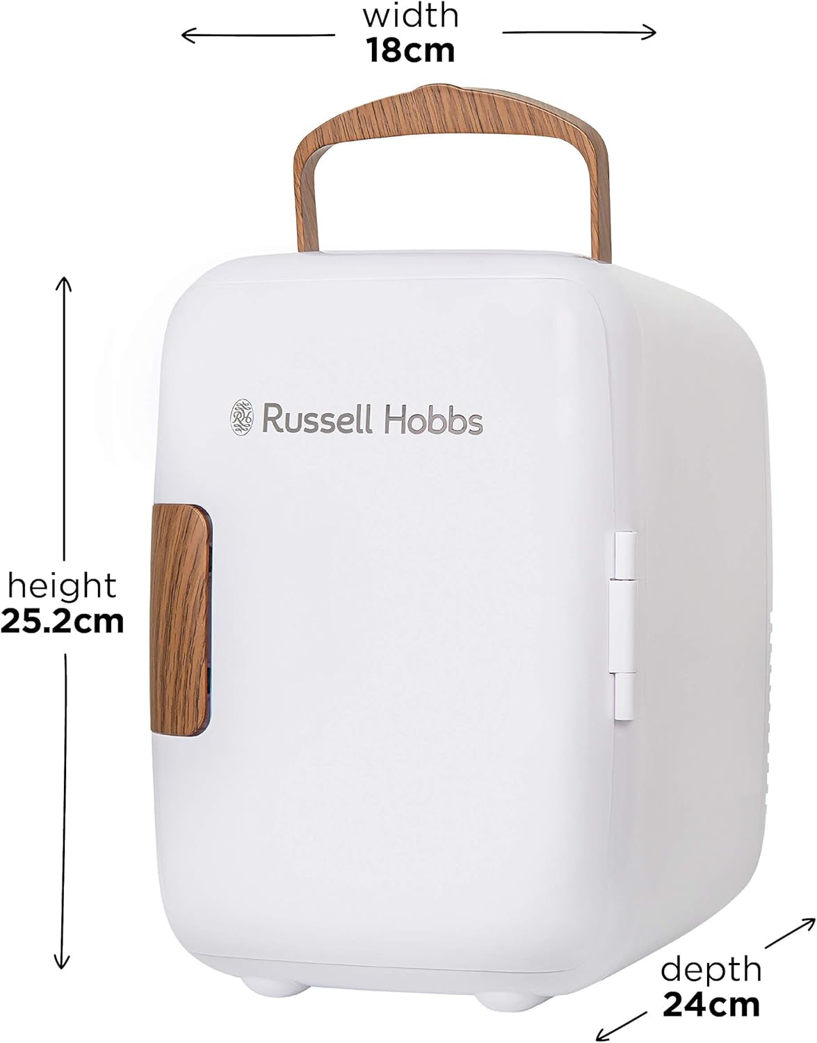 RH4CLR1001SCW 4L/6 Can Mini Portable Cooler & Warmer for Drinks, Cosmetics/Makeup/Skincare, AC/DC Power, Scandi Style, White & Wood Effect, for Bedroom, Home, Caravan, Car