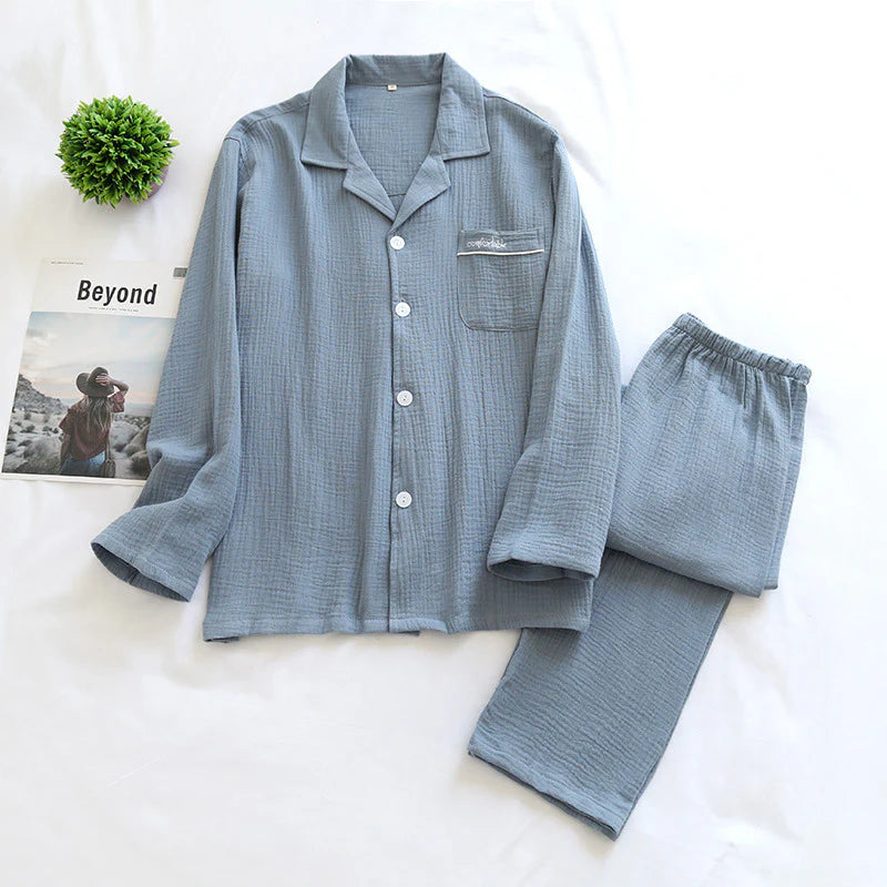 Long Sleeve Pajamas Cotton Double Layer Gauze Clothes Front Button Suit Solid Color