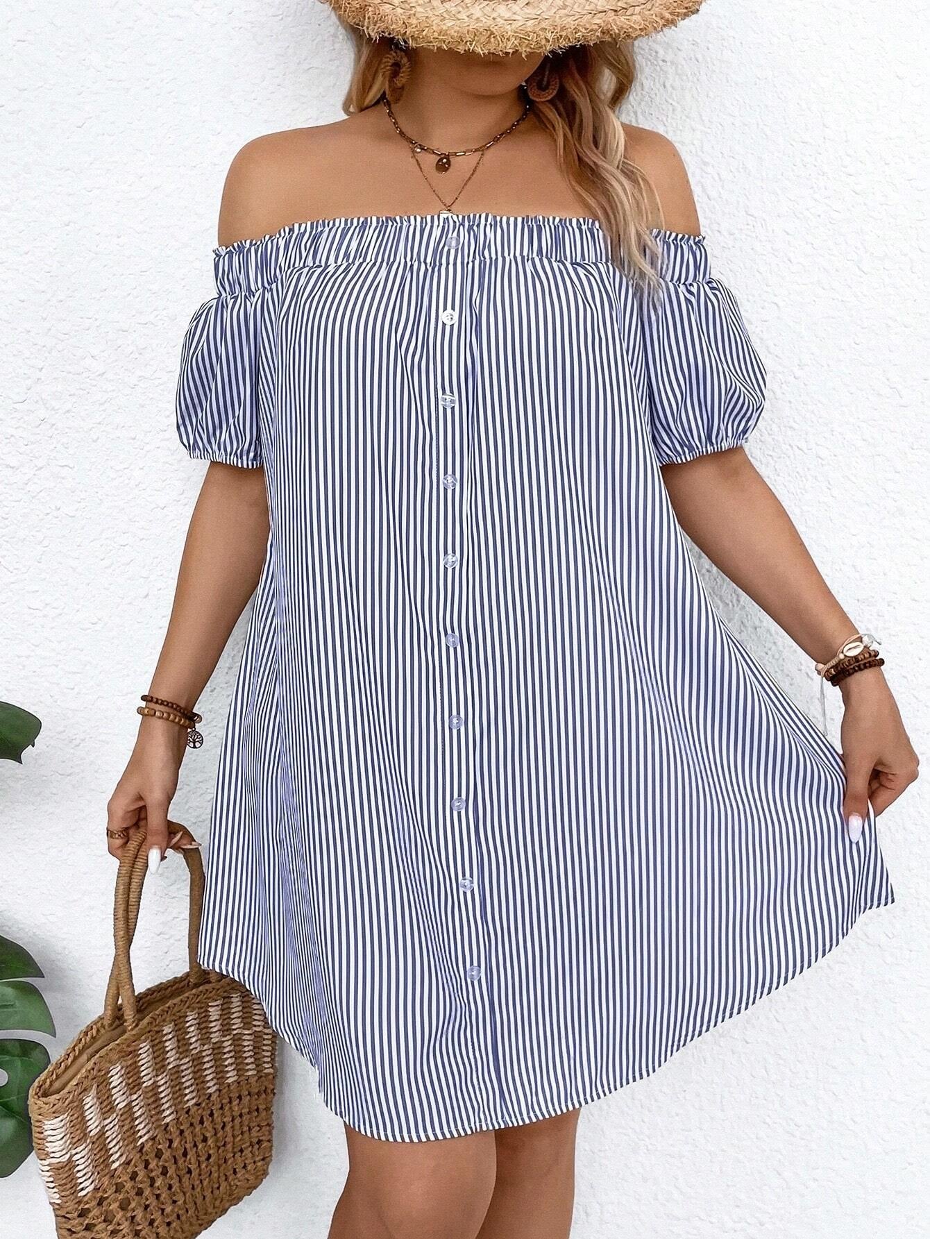 LUNE plus Size Holiday Casual Striped off Shoulder Dress, for Summer