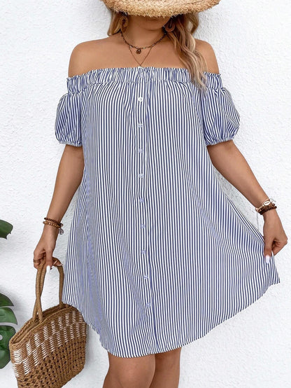 LUNE plus Size Holiday Casual Striped off Shoulder Dress, for Summer