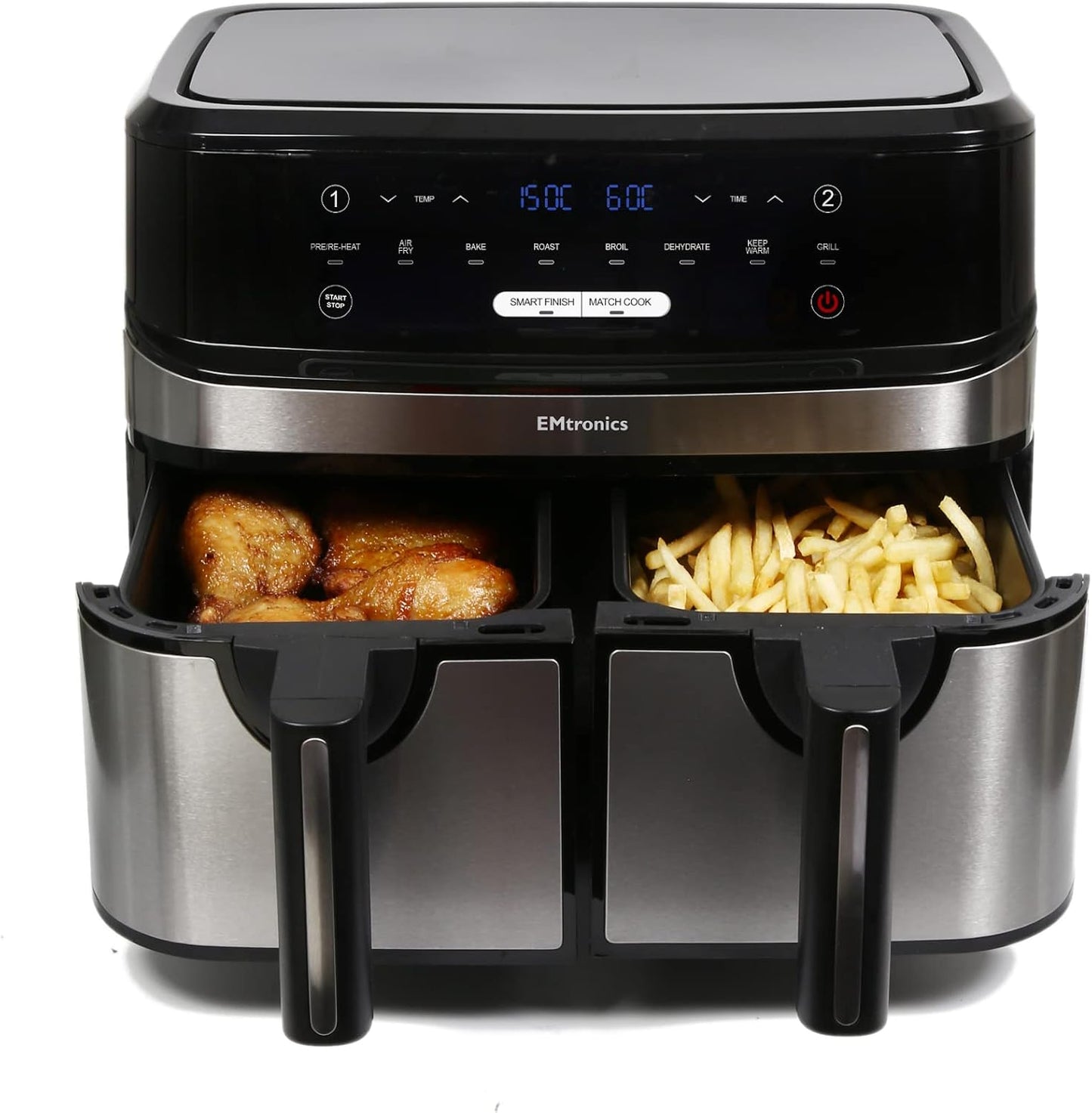 EMAFDD9LSL Dual Air Fryer Extra Large Family Size Double XL 9 Litre with 8 Pre-Set Menus for Oil Free & Low Fat Healthy Cooking, Easy Clean Metal Interior, 99-Minute Timer - Stainless Steel