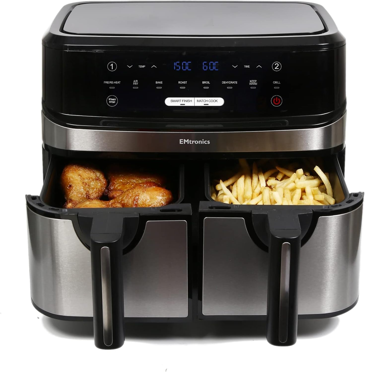 EMAFDD9LSL Dual Air Fryer Extra Large Family Size Double XL 9 Litre with 8 Pre-Set Menus for Oil Free & Low Fat Healthy Cooking, Easy Clean Metal Interior, 99-Minute Timer - Stainless Steel