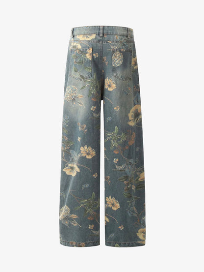 DENIM FLORAL PRINT CARPENTER JEANS