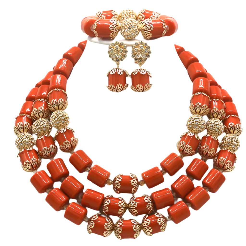 Exquisite African Coral Beads Wedding Jewelry Set | Necklace, Bracelet, and Earrings Collection