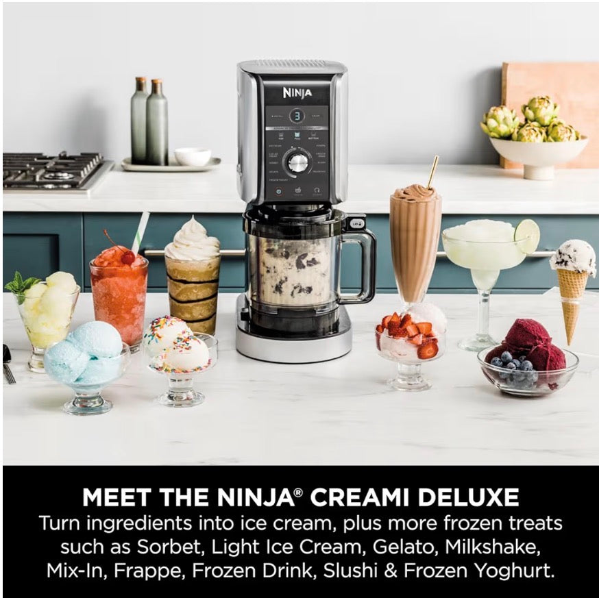 CREAMi Deluxe Ice Cream Maker & Frozen Dessert Maker with 3 Tubs, 10 Functions, Makes Ice Cream, Gelato, Sorbet, Frozen Yoghurt, Milkshakes, Slushi & More, 2-in-1 Flavour Option, Silver, NC501UK