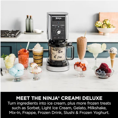 CREAMi Deluxe Ice Cream Maker & Frozen Dessert Maker with 3 Tubs, 10 Functions, Makes Ice Cream, Gelato, Sorbet, Frozen Yoghurt, Milkshakes, Slushi & More, 2-in-1 Flavour Option, Silver, NC501UK