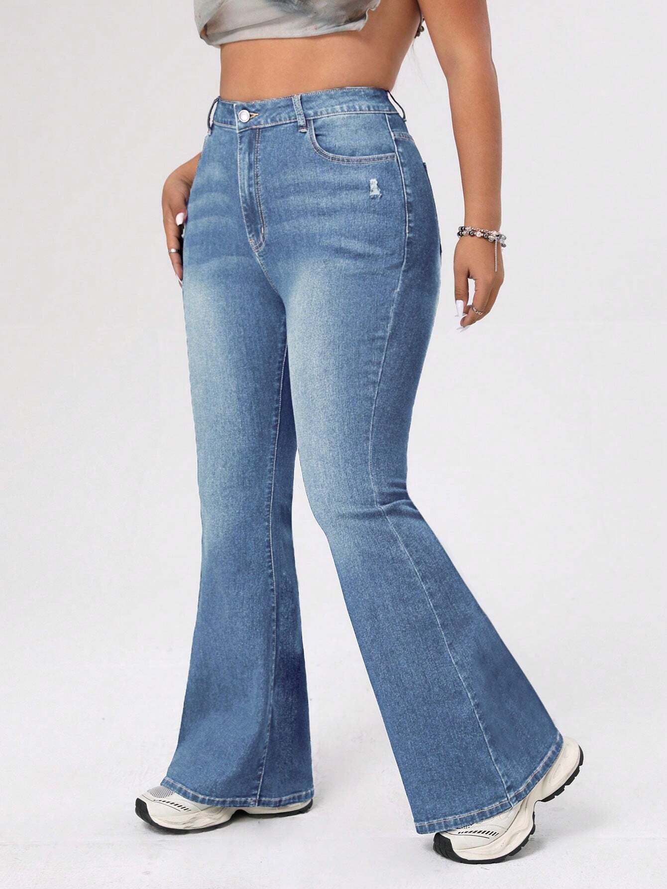 ICON Plus Size Women's Distressed Flared Jeans