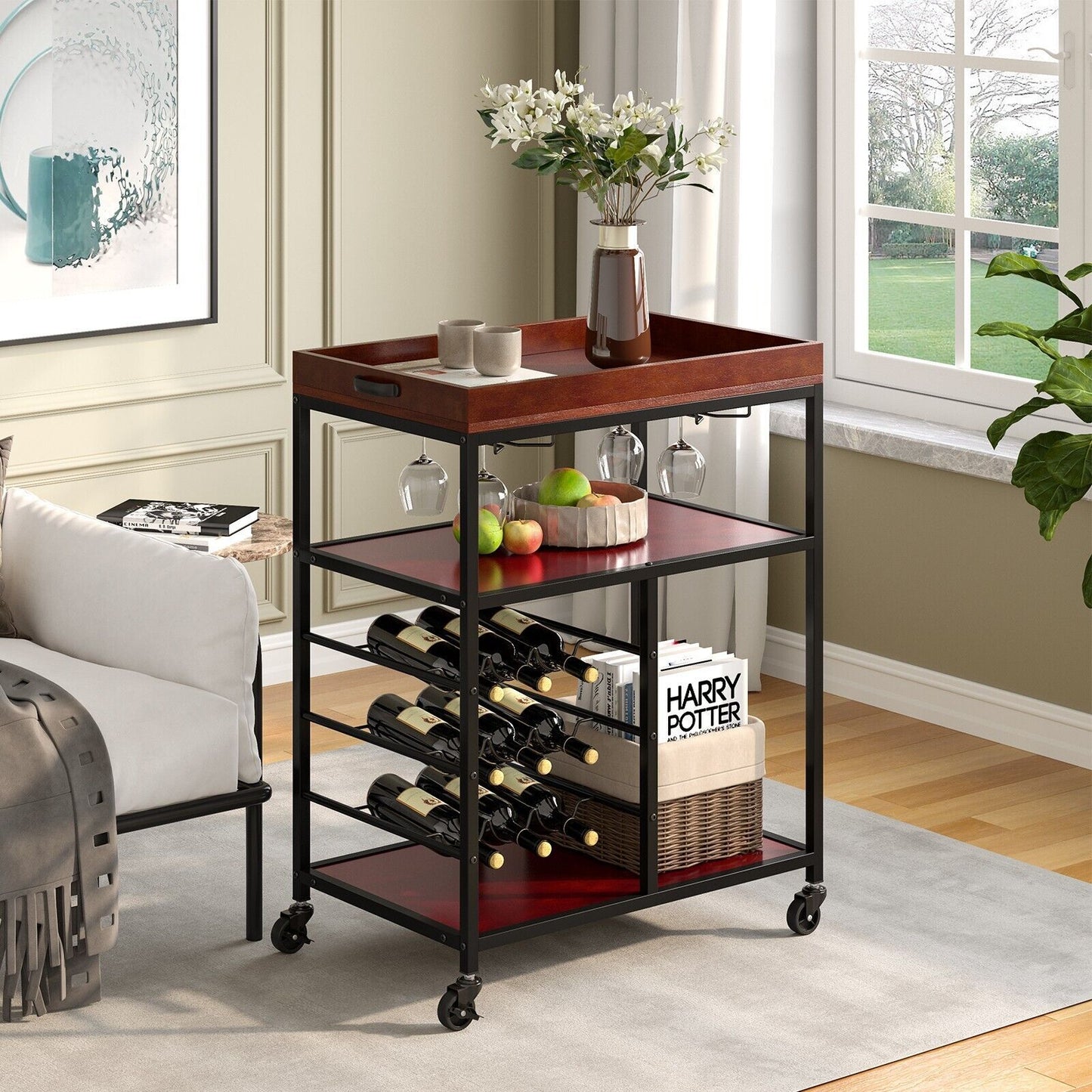 3-Tier Kitchen Island Storage Cart with Wine Rack and Glass Holder