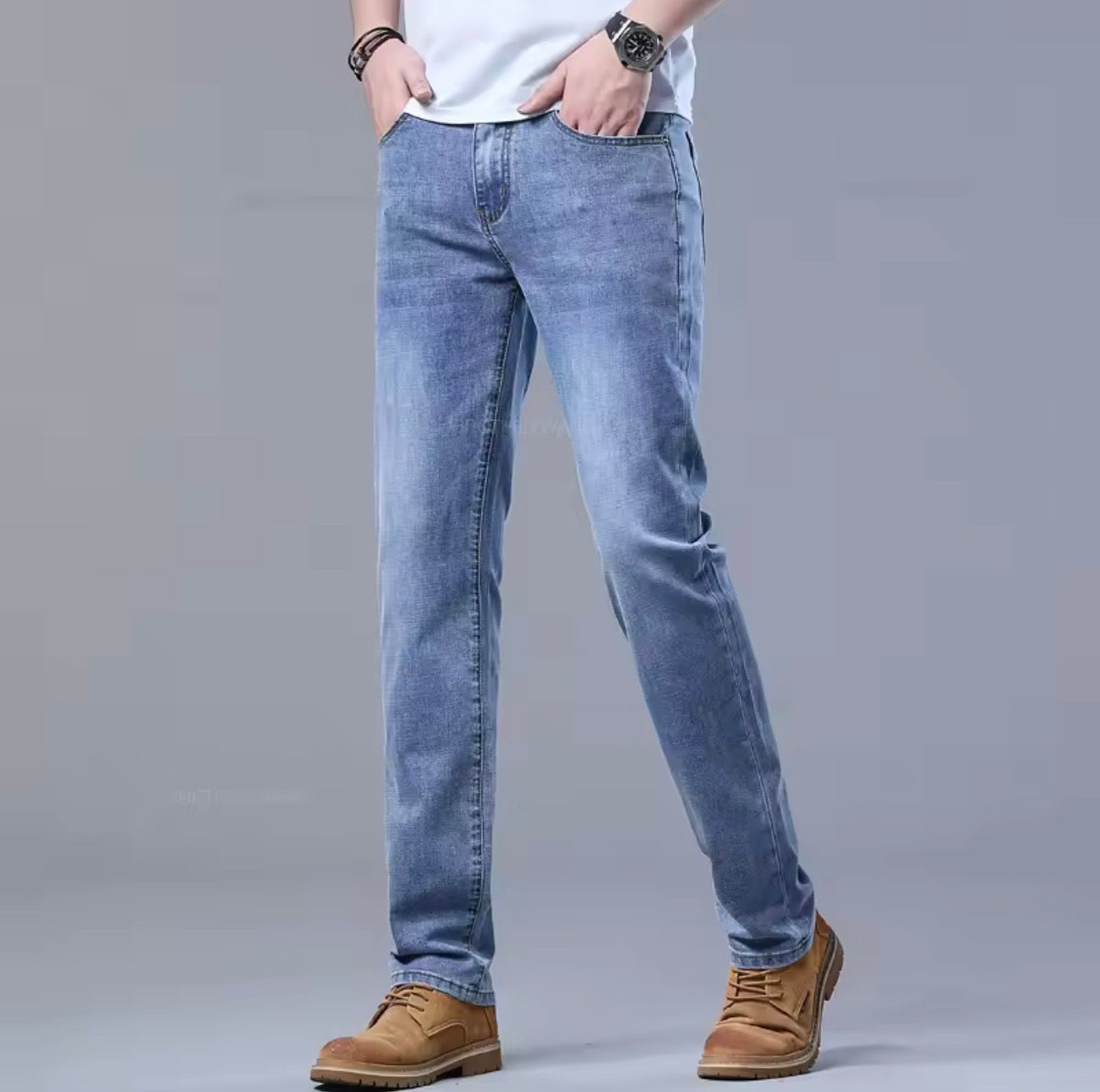 Spring Men's Light Blue Slim Jeans Stylish Casual Stretch Fabric Denim Pants Classic Trousers Smoke Gray