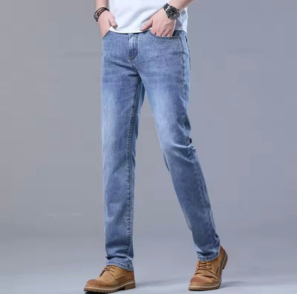 Spring Men's Light Blue Slim Jeans Stylish Casual Stretch Fabric Denim Pants Classic Trousers Smoke Gray