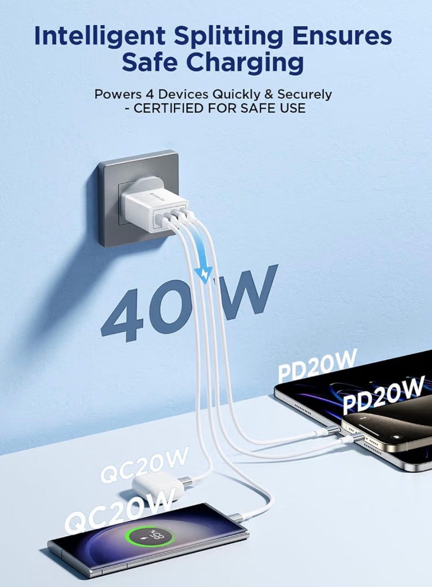 40W 4-Port USB-C Fast Charger Plug UK PD QC Multiport Wall Adapter