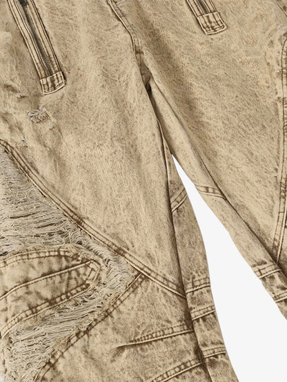 DISTRESSED RAW-EDGE PANEL SCULPTED WIDE-LEG JEANS