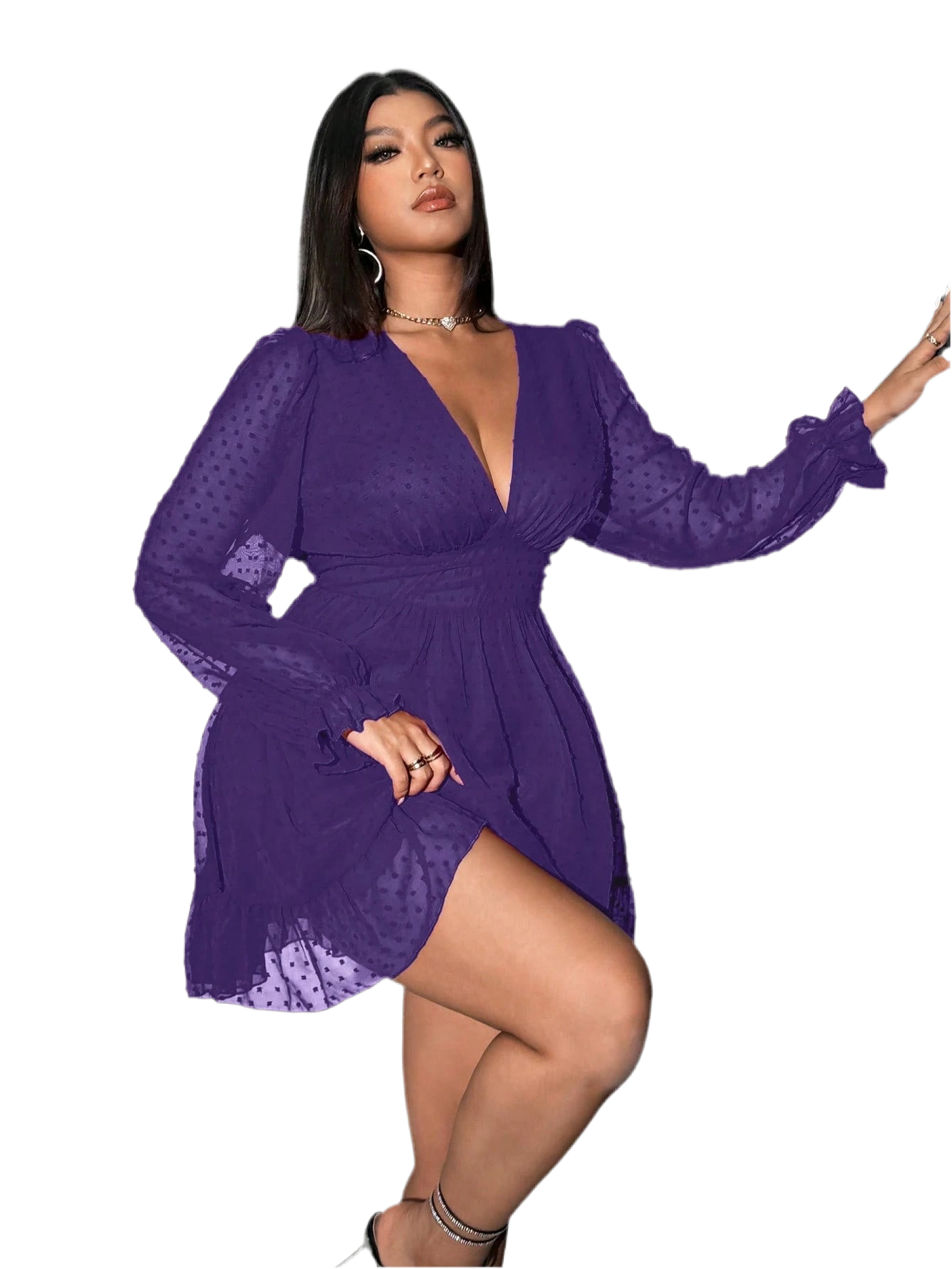 Viva Relle Plus Size V-Neck Long Sleeve Swiss Dot Dress