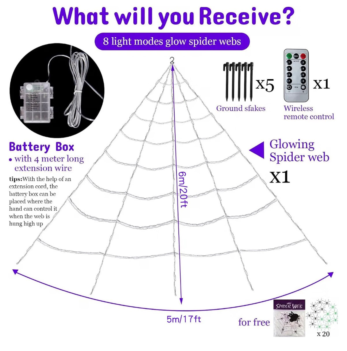Giant Halloween Spider Web 20 × 17ft with 150 Purple LED Lights | Minja Superstore