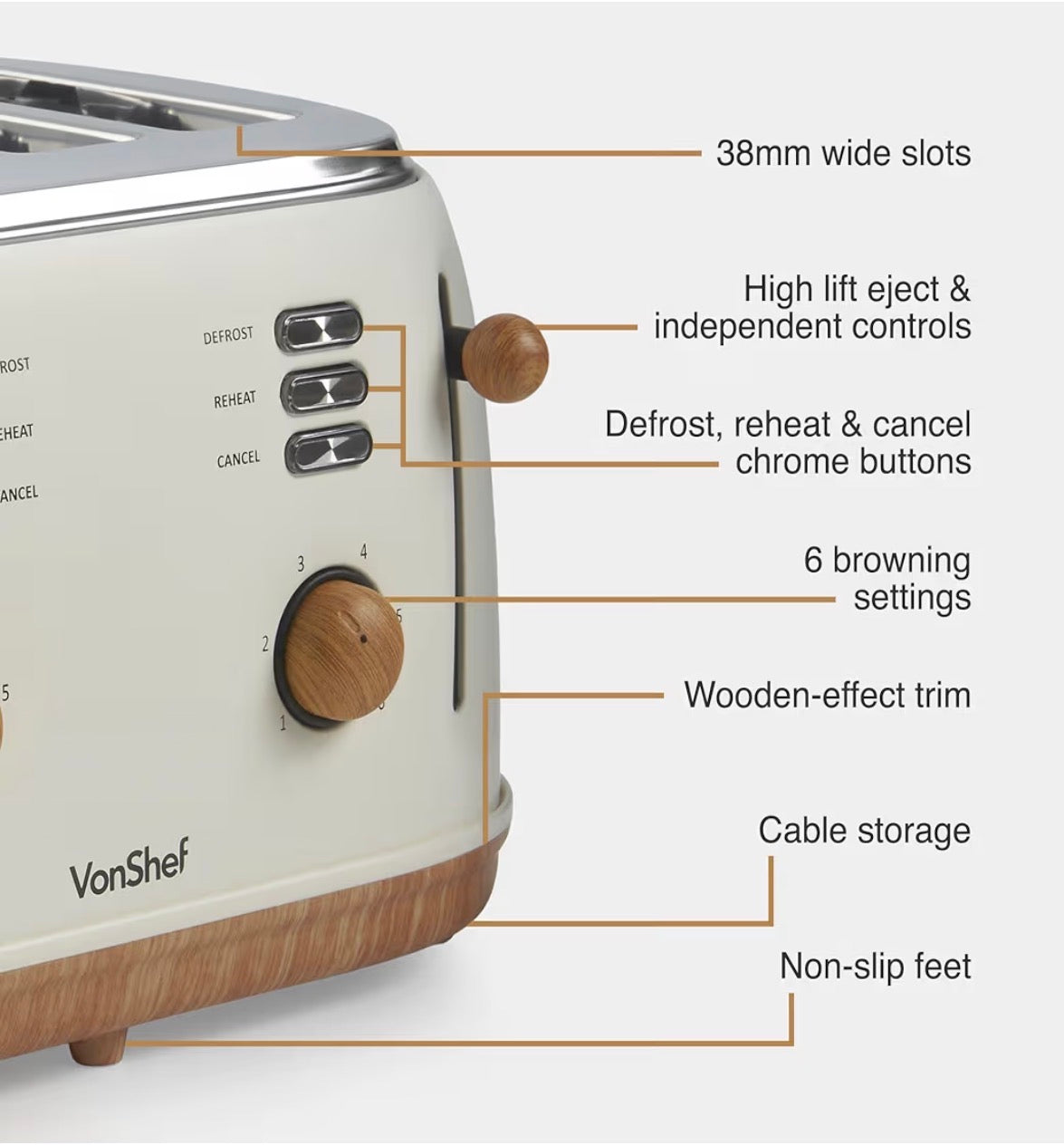 VonShef Microwave Kettle Toaster Set – Scandi Kitchen Set, 1.7L Nordic Rapid Boil Kettle, Wide Slot Toaster 4 Slice with 6 Browning Controls, and 20L Microwave with 6 Power Levels – Fika Range, Cream