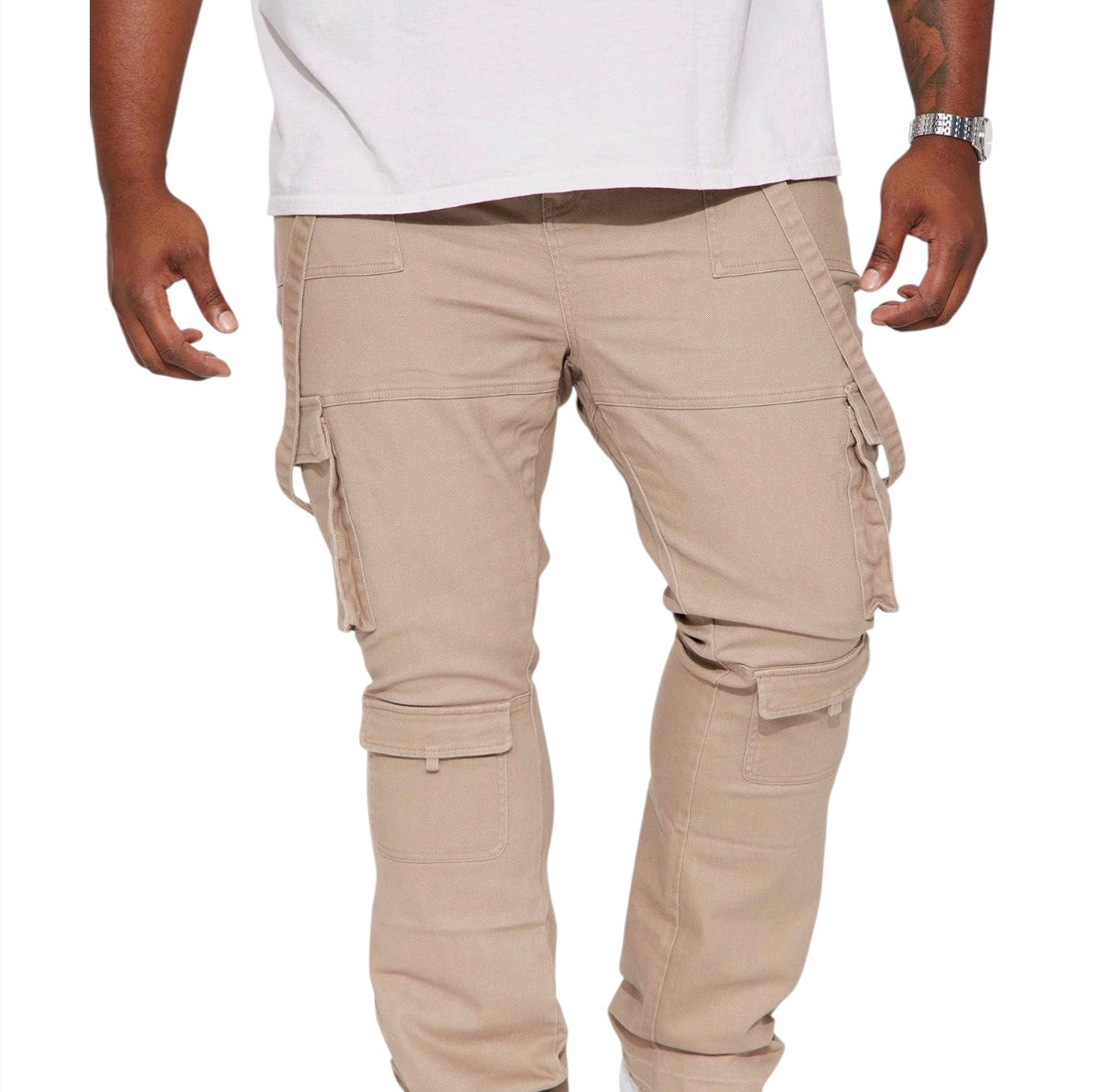 Strapped In Cargo Stacked Skinny Flare Jeans Taupe