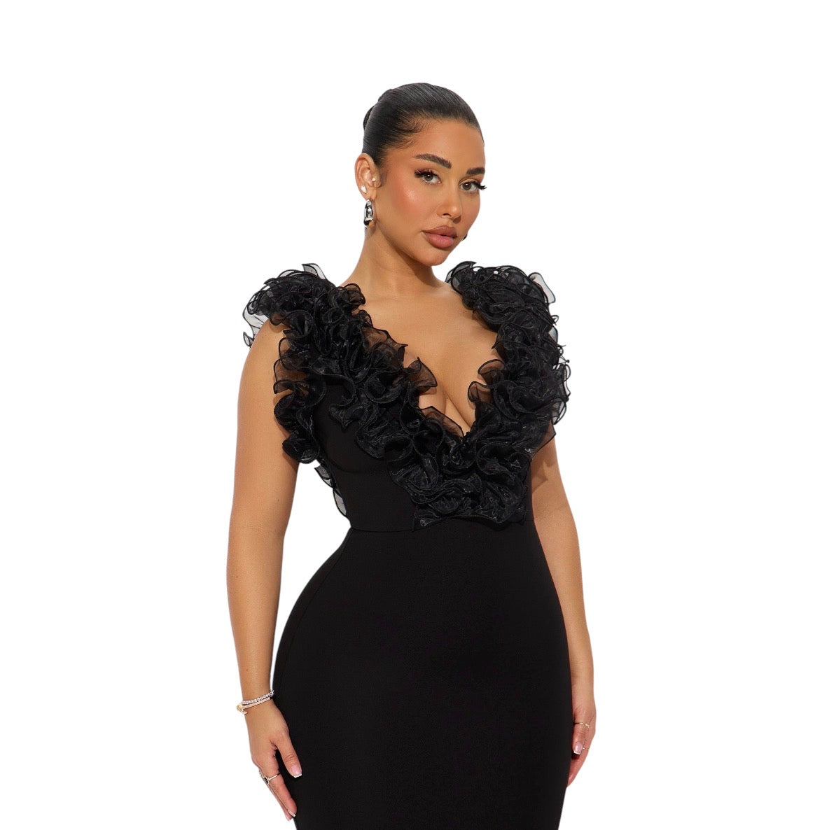 Like To Show Ruffle Maxi Gown Black