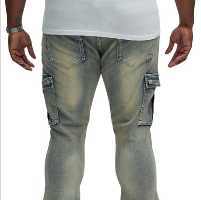 Ruthless Embroidered Stacked Skinny Cargo Flare Jeans Medium Wash