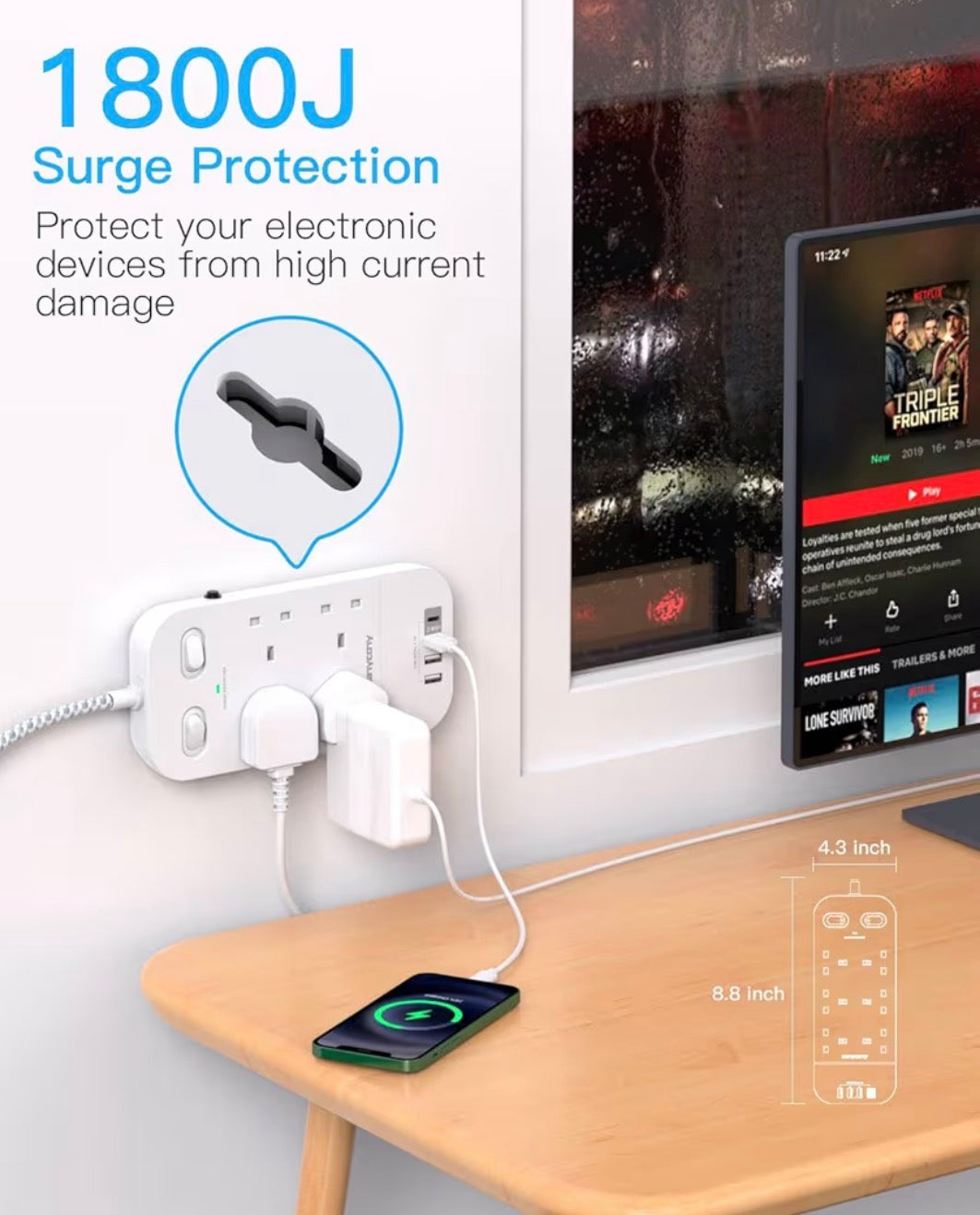 4-Way Surge Protector Extension Lead 4 USB Ports 1.8M Braided Cable