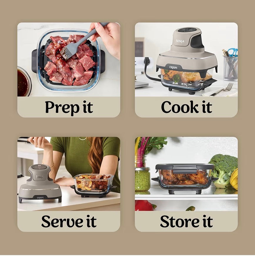 CRISPi Portable Air Fryer, 3.8L, 4-in-1: Air Fry, Roast, Keep Warm, Recrisp, Space Saving Compact Design, 2x Removable Glass Containers & Lids, 1700W, Stone FN101UKST