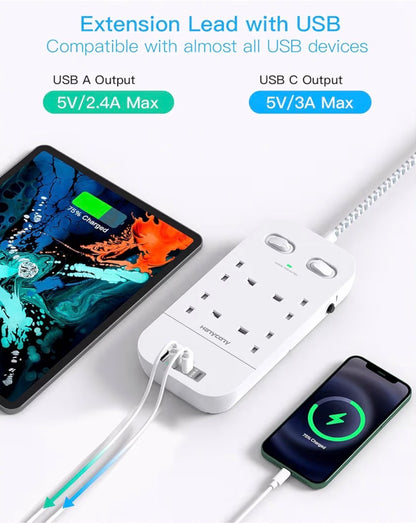 4-Way Surge Protector Extension Lead 4 USB Ports 1.8M Braided Cable