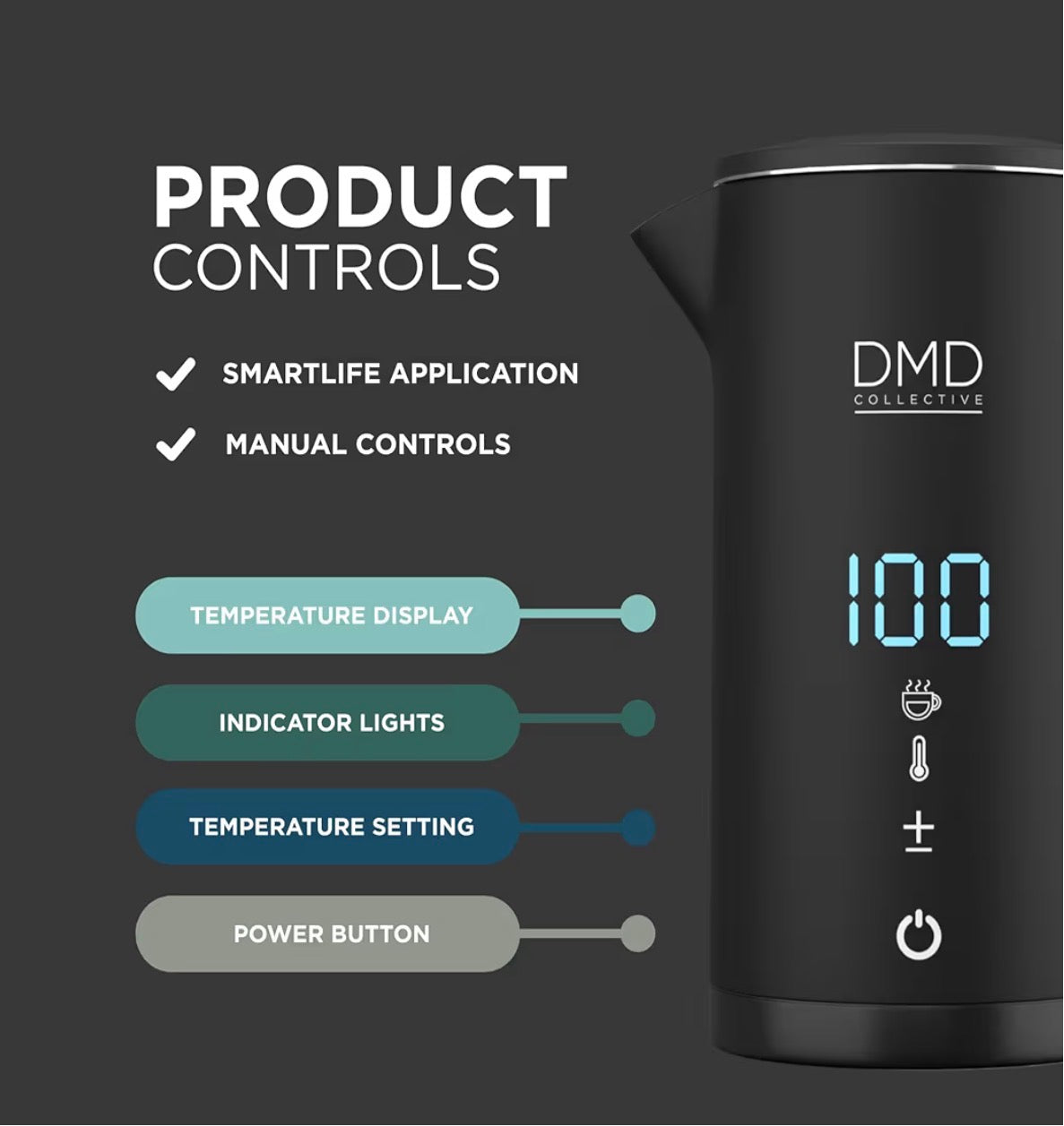 DMD Collective Store Smart Kettle 1.5L, Wi-Fi Touchscreen, Voice Control with Alexa & Google | Digital Temperature Display, Double Wall & Anti-Scalding Design, Energy-Efficient 2200W