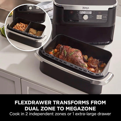 Foodi FlexDrawer Air Fryer, Dual Zone with Removable Divider, Large 10.4L Drawer, 7-in-1, Air-Fryer Uses No Oil, Air Fry, Roast, Bake, Max Crisp, Non-Stick Dishwasher Safe Parts, Black AF500UK