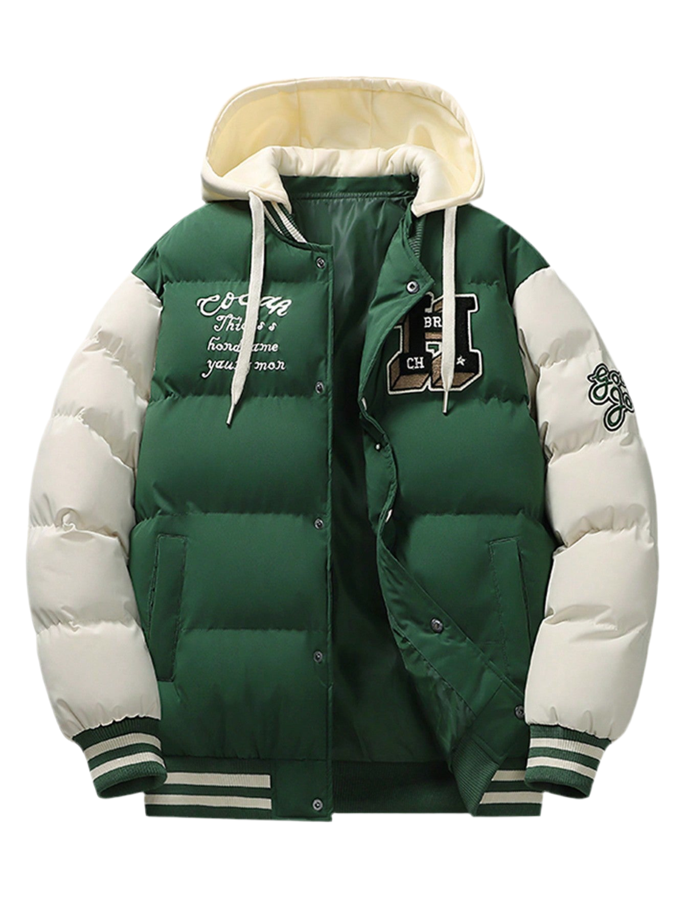 Men’s Patchwork Baseball Jacket with Embroidery & Detachable Hood – Green Winter Outerwear